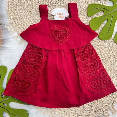 Vestido em Lese Bordado Corações com Strass - Vermelho